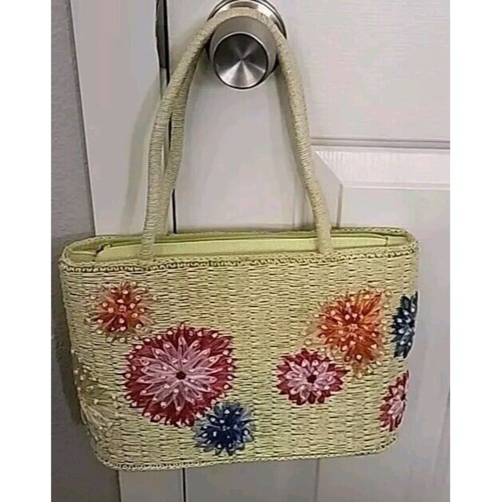 Vintage 100% Paper Purse  China Floral Embroidered Matching Green Beachy Cottage